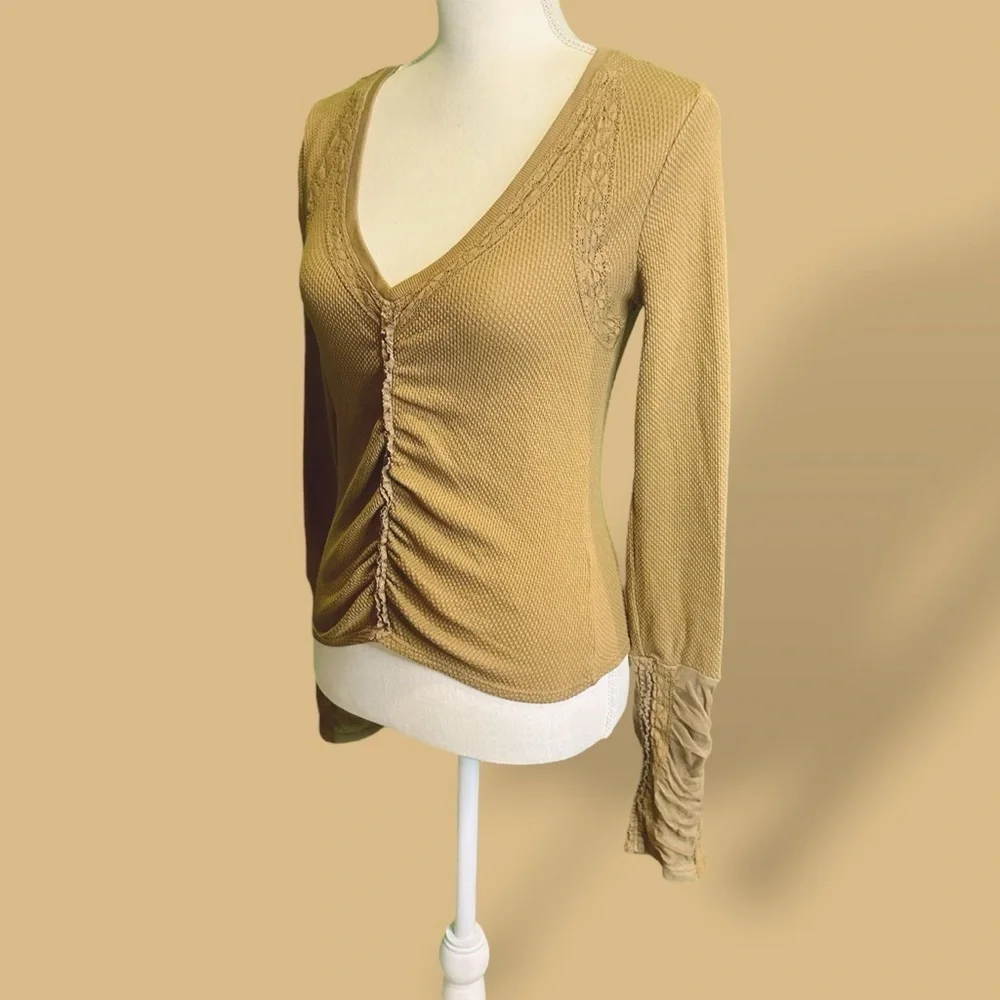 NWOT Free People ‘Wear Me Out’ Thermal Mesh Lace Cuff Sleeve Top in “Olive Leaf”